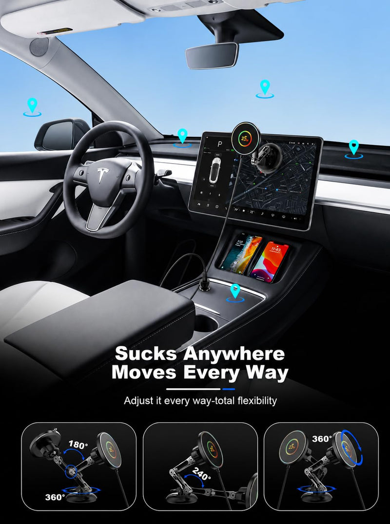 for 25W MagSafe Car Mount Charger, Magnetic Wireless Car Charger with 45W Adapter [120 LBS Strongest Suction] 360°Adjustable Metal Head, Vacuum Suction Cup Phone Mount for iPhone 12-17 Series