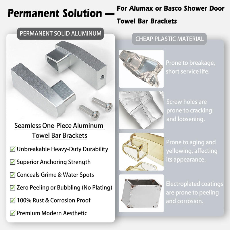 Solid Aluminum Shower Door Towel Bar Brackets – Heavy-Duty Metal Replacement Brackets for Alumax & Basco Framed Doors – Rust-Proof Shower Door Handle Replacement Parts (2-Pack, Silver)