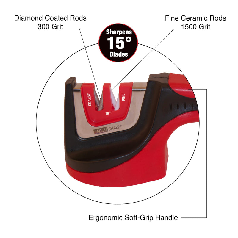 AccuSharp Gourmet 15º Pull-Through Knife Sharpener, Helps Repair, Restore, Polish & Hone Blades, 2 V-Notched Sharpening Slots for Straight & Serrated Gourmet Knives Red