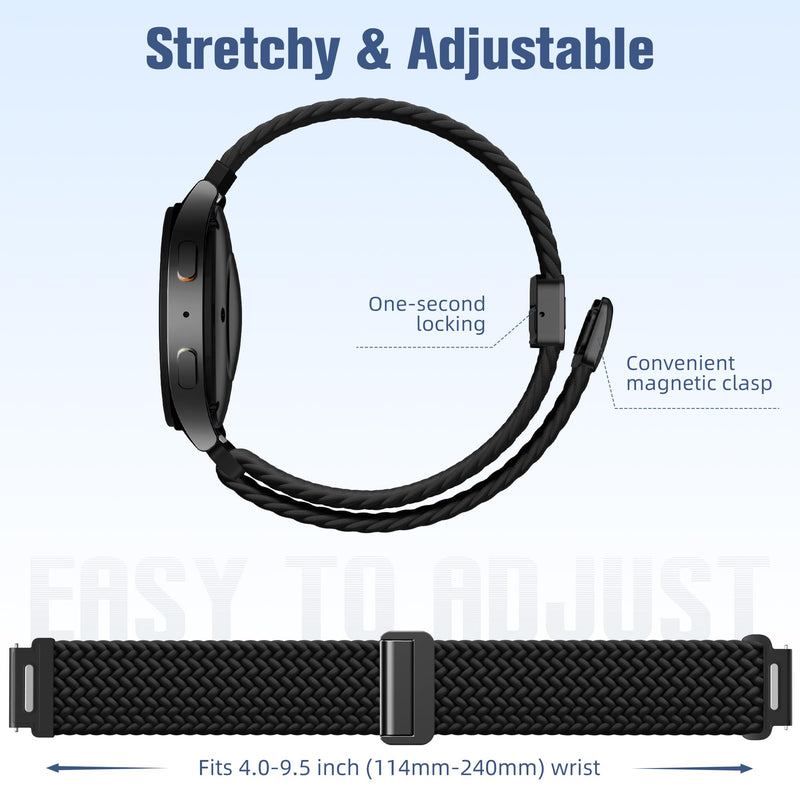 One Click Magnetic Band for Samsung Galaxy Watch 7 6 4 5 Watch 6 4 Classic | 20mm Braided Bands for Samsung Watch Band Women Men, Stretchy Nylon Sport Strap for Galaxy Watch 7 Band 6 4 5/5 Pro/FE Black One Size