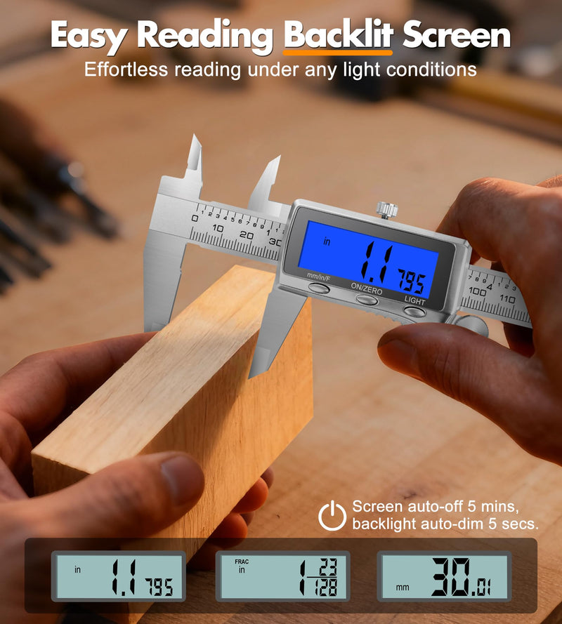 LuxBlue Digital Calipers Measuring Tool 6 Inch | Rechargeable Digital Vernier Caliper with Backlit LCD Screen, Auto-Off | Inch/MM/Fraction Easy Conversion, Stainless Steel Electronic Caliper for DIY