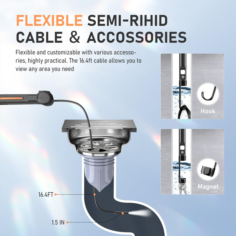 5" Dual Lens Endoscope Camera, 1080P HD Borescope with Light, 16.5FT Flexible Cable, IP67 Waterproof Snake Camera for Plumbing, Wall, and Automotive Inspections 5"Dual Lens