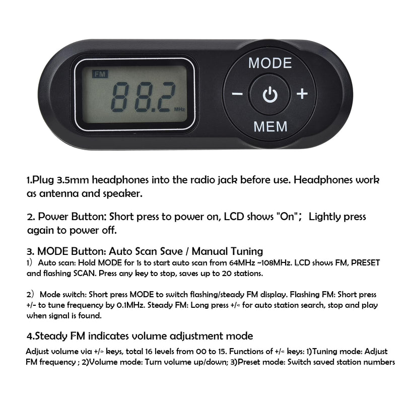 Mini DSP FM Radio Portable, Pocket Radio LCD Belt Clip for Seniors Outdoor | Lightweight Battery Powered FM Radio with Headphones, 20 Preset Stations & Station Memory for Jogging Hiking Travel
