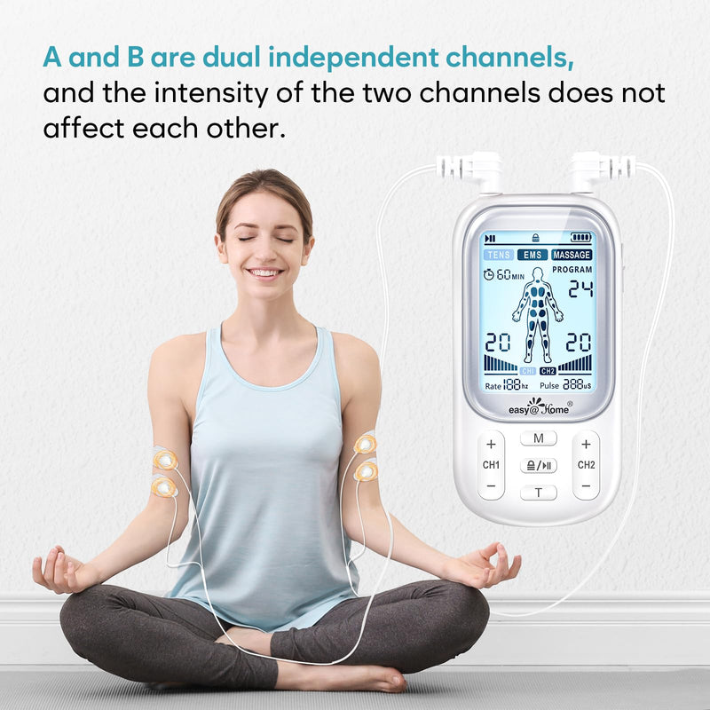 Easy@Home Electronic TENS Unit: Pain Relief Therapy - EMS Pulse Massager Rechargeable Machine - Dual Channel 24 Modes 20 Intensities 16 Pads TENS and Powered Muscle Stimulator EHE020