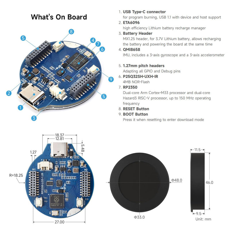 Waveshare RP2350 MCU Board, with 1.28inch Round LCD, Dual-core & Dual-Architecture Design, 240×240 Pixels, 65K Color, IPS Panel, with CNC Metal Case,no Touch