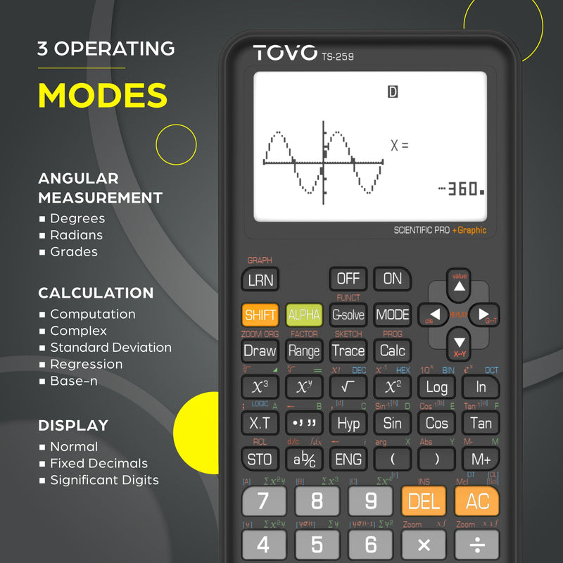 TOVO Scientific Calculator with Graphing Functions, Multiple Modes, 360 Functions, Large Screen, Intuitive Interface for Beginners, High School & Advanced Courses, TS-259 (Developed by CATIGA) Black