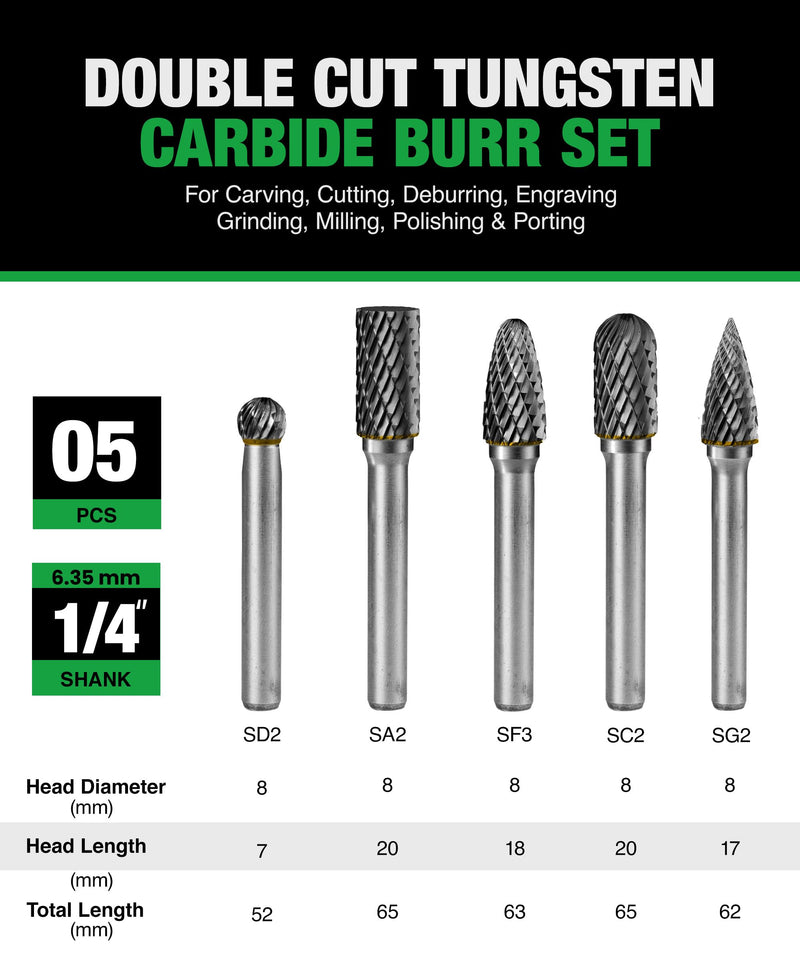 5Pcs Carbide Burr Set 1/4 Shank w/Clear Box Head Dia 8mm Die Grinder Bits Rotary Tools Attachment Kit Rasp File Accessories Metal Wood Stone Steel Grinding Deburring Cutting Porting Carving 5 pcs
