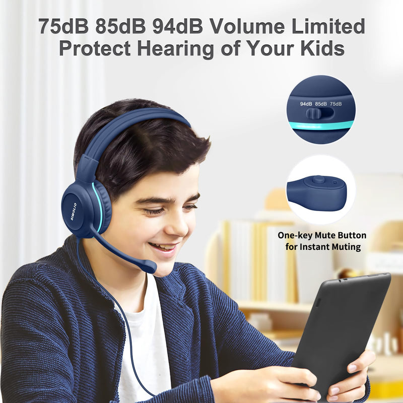 SIMOLIO-USB-C-Wired-Headphone for-School with Boom-Microphone & Mute Button | Portable Over-Ear Kids Gaming Headsets with 3 Level Safe Volume,Bag for Students K12,Boys,Travel,iPad,Galaxy,iPhone,Tablet