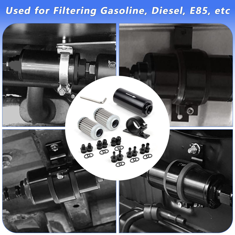 10 Micron Inline Fuel Filter with 6AN 8AN 10AN Adapter(6pcs), Barb 1/2", 3/8", 5/16" Fitting Adapter (6pcs),Bracket Clamp 50MM Universal, 10 Micron Filter Element Replacement 10 Micron 15pcs