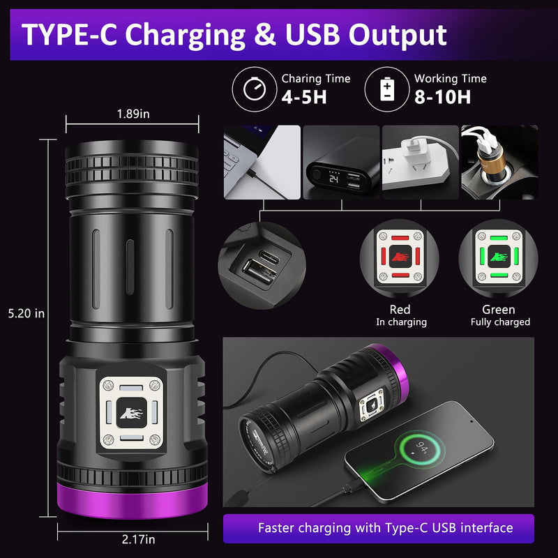 45W UV Flashlight Usb Rechargeable Blacklight Flashlights Powerful, 9-Core Led 385-395 nm UV Light for Pet Urine Detection,Resin Curing,Scorpion,Rocks,AC Leak,Bed Bugs,Blood Tracking,Uranium Glass Black