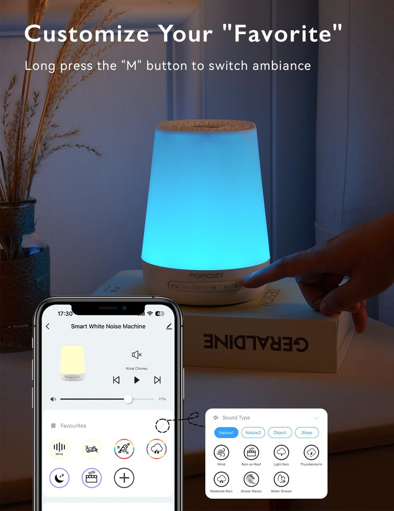 Baby Sound Machine, Momcozy White Noise Machine for Baby Sleeping with Night Light, Toddler Sleep Trainer 34 Soothing Sleep Sounds, Timer, App Remote Control, Personal Sleep Routine Alarm Clock(Blue) Blue