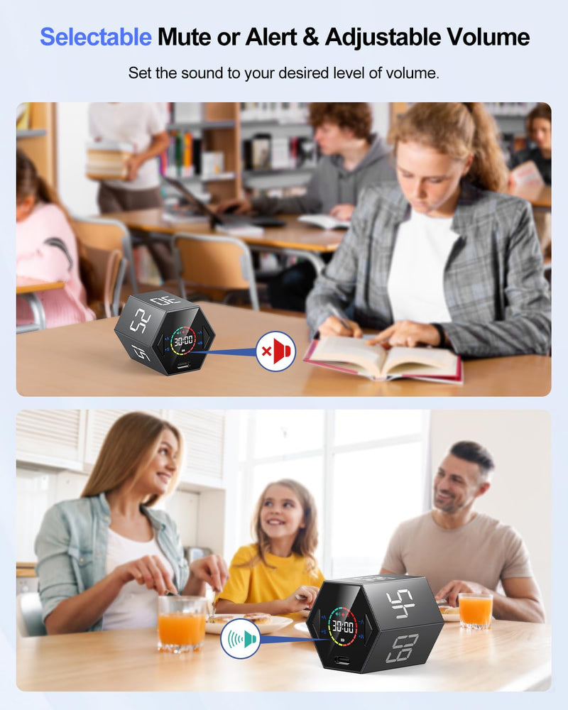 Pomodoro Timer Cube, Hexagon Productivity Timer, Pause & Resume, Silent, Vibrate & Adjustable Sound Alert, for ADHD, Task, Work, Study, 5/15/25/30/45/60min & Custom Countdown,Gray Gray