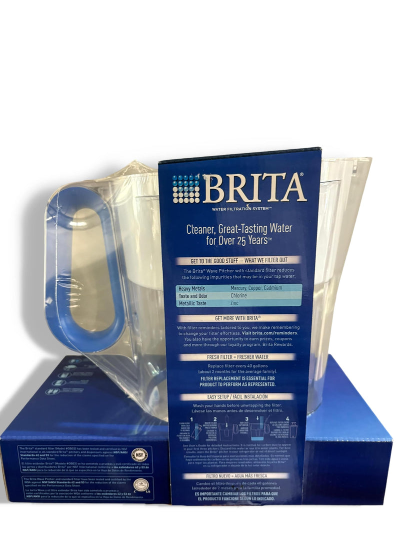 Brita Large Water Filter Pitcher with 2 Standard Filters, 10-Cup Capacity, BPA-Free, Blue, Reduces Chlorine Mercury Copper