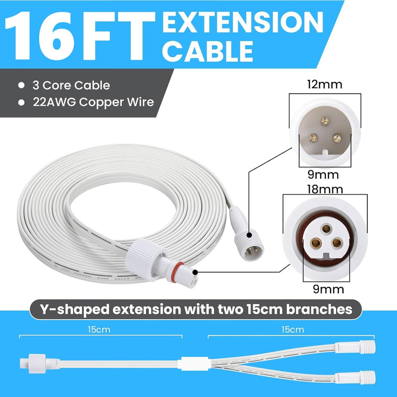 16.3FT Permanent Outdoor Lights Extension Cable for Go-vee H705A H705B H705C H706A H706B H706C,IP68 Waterproof Extension Cord, 3 Pin Power Cord 1FT Y-Shaped Extension 16 Ft Extension Cable