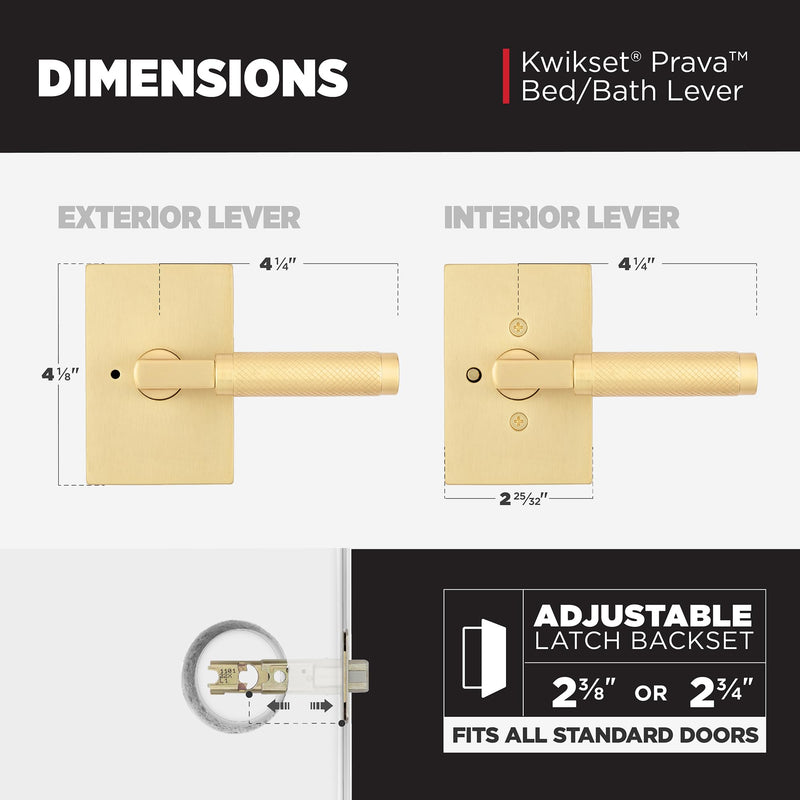 Kwikset Prava Interior Privacy Door Knurled Handle with Lock, Door Lever for Bathroom and Bedroom, Satin Brass, Reversible Keyless Push Button Lock Door Lever, with Microban Protection