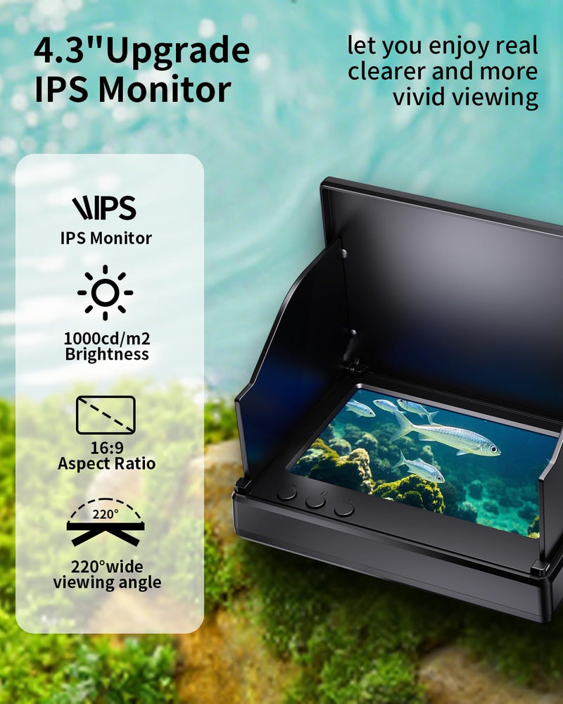 Fishing Camera with Infrared Night Vision Light,220° Wide Angle Monitoring of Fish，Portable Fish Finder with 100ft Cable, 4.3 Inch LCD and Upgraded HD Lens for Ice Lake Boat Kayak Fishing