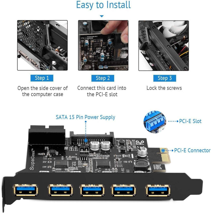 USB 3.0 PCI-E Card,USB 3.2 Gen1PCI Express 5-Ports Card Bandwidth up to 5 Gbps, Extension of 5 USB 3.0 Ports Front Panel for Desktop PC Win 10/8/8.1/7/XP PCI-E to 5USB