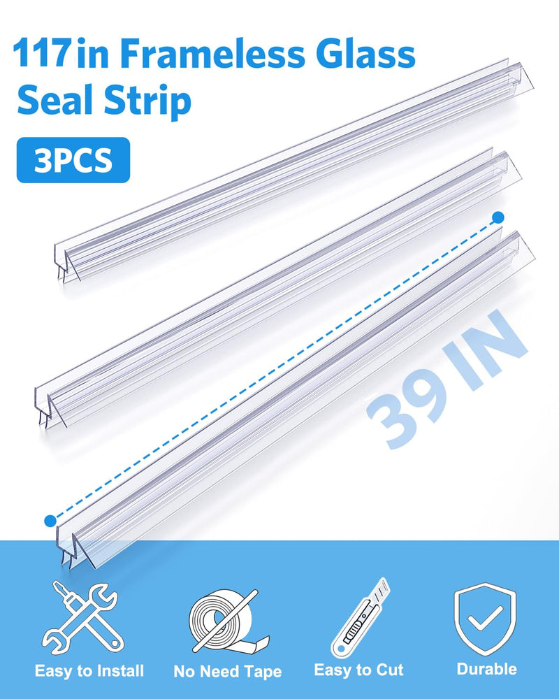 Delamu Shower Door Bottom Seal, 3Pack Shower Door Sweep Strip, 39in Frameless Glass Doors Seal Strip for 3/8'' (10mm) Thick Doors, 39'' x 0.39'' Showers Water Guard Barrier BottomSeal-3/8"x39"