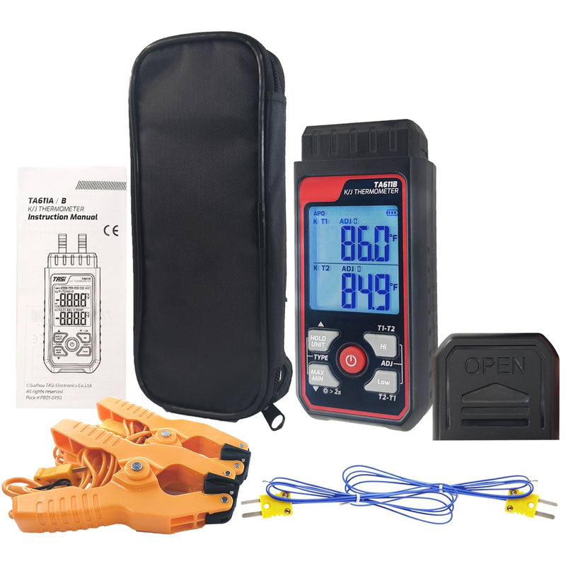 Digital K Type Thermocouple Thermometer (-328~2500℉), Dual Channels Thermometer with 2 HVAC Temperature Clamps & 2 Wired Thermocouple Probes, LED Backlight & ADJ Compensation Temperature Meter Tester