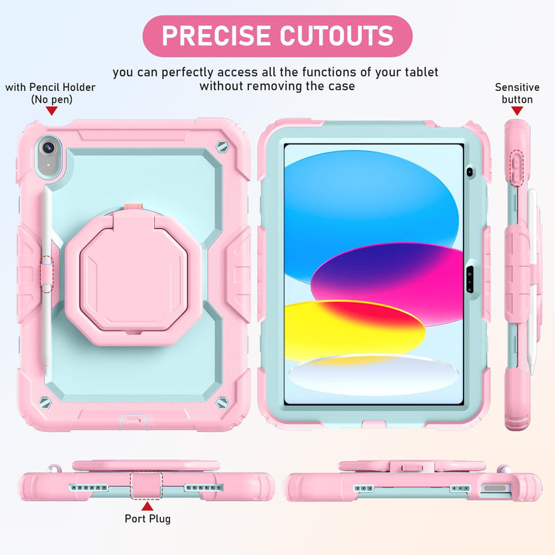 Case for iPad (A16) 11th/10th Generation 11"/10.9" 2025/2022, Pink Mint | Full-body Heavy Duty iPad A16 Case for Adults Kids with Screen Protector, 360° Rotating Stand, Shoulder Strap, Pencil Holder Pink+Mint