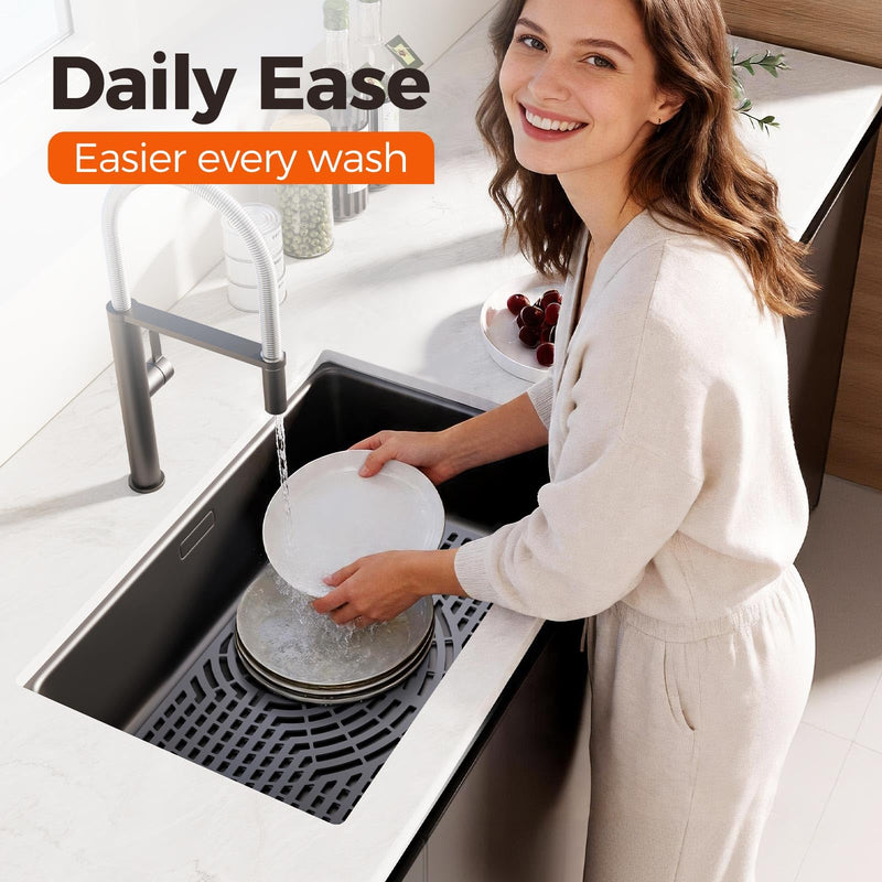 Snuggery Silicone Sink Protector for Kitchen Sink 28" x 15" – Flexible Sink Mat, Heat Resistant Grid, Non-Slip Rack, Easy to Clean Dishwasher Safe – Fits Farmhouse, Single & Double Bowl Sinks 28x15 rear