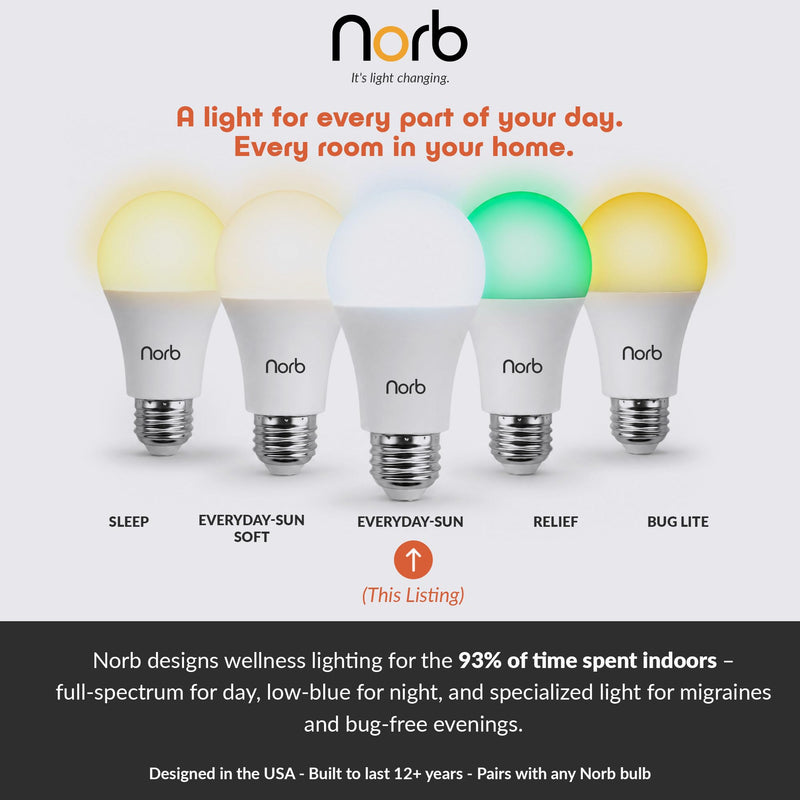 Norb Everyday Sun Light Bulbs | Full Spectrum Light Bulb LED 5000K Daylight | High CRI 97 Natural Color | Dimmable 800 Lumens A19 E26 for Energy, Mood & Performance | Energy Efficient 9W | 2-Pack