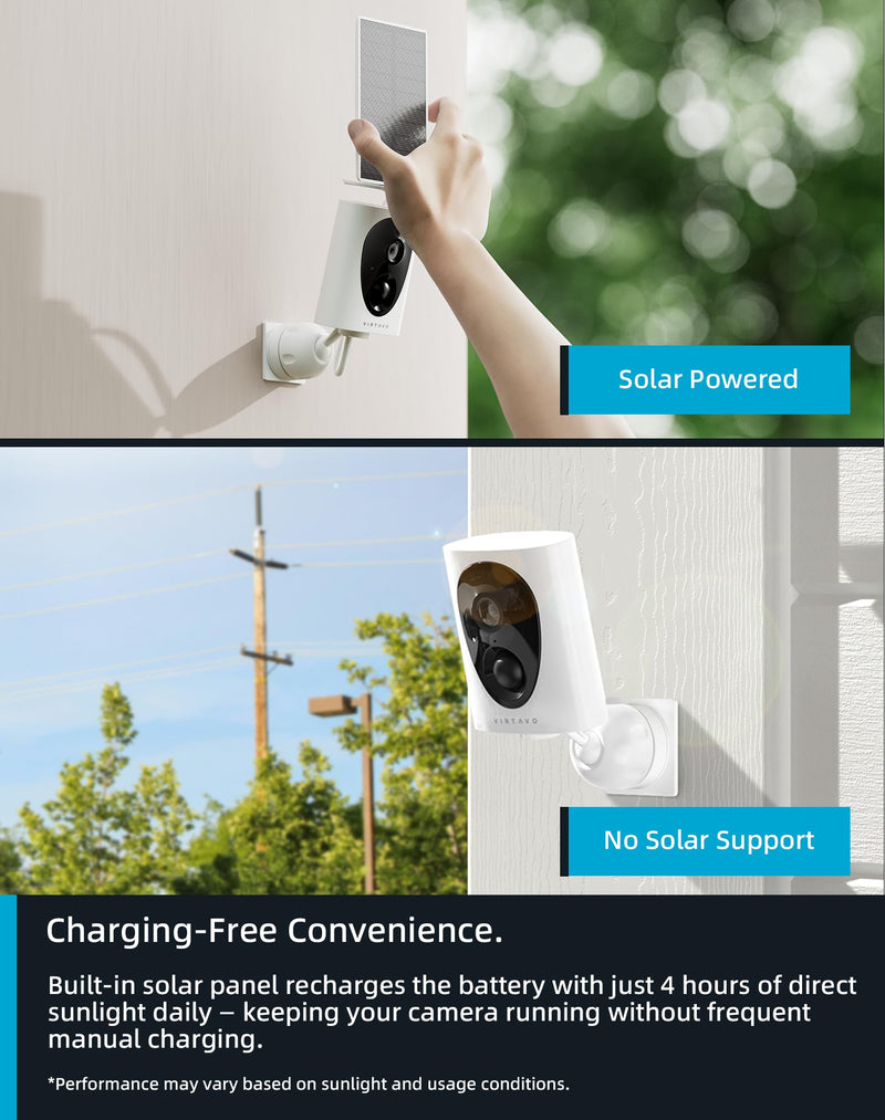 virtavo SolarFlask 2K Solar Security Cameras Wireless Outdoor, Starlight Lens, Color Night Vision, PIR Motion Detection, Battery-Powered, 2-Way Audio, Weatherproof, Cloud/SD Storage, 2.4GHz WiFi