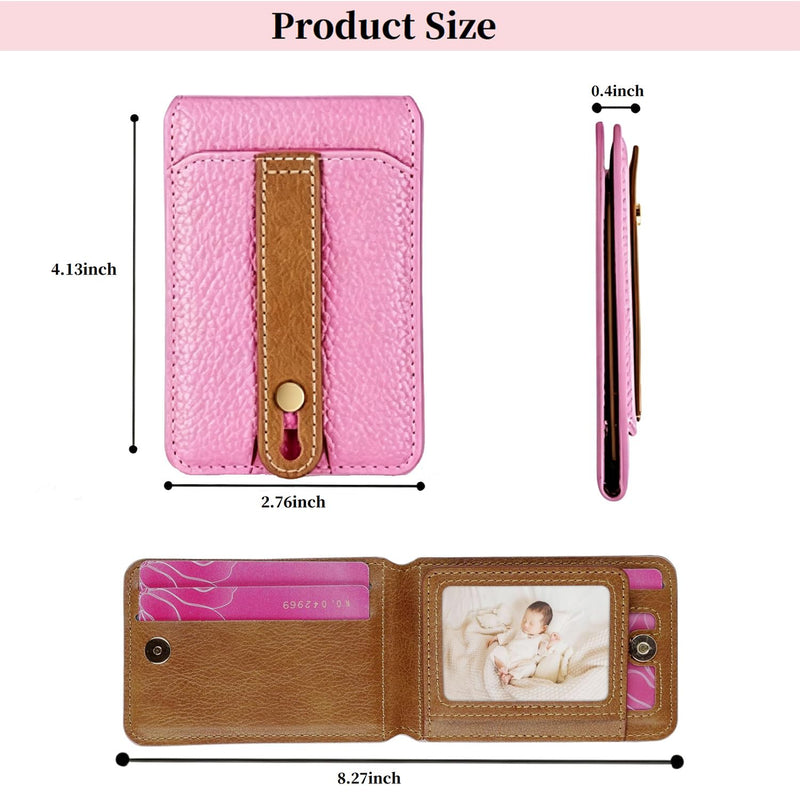 phone wallet stick on, PU Leather Wallet Stand, Mini Wallet | Holds 4 cards with photo window, grip strap, mini mirror and adjustable kickstand for phones cases, Pink