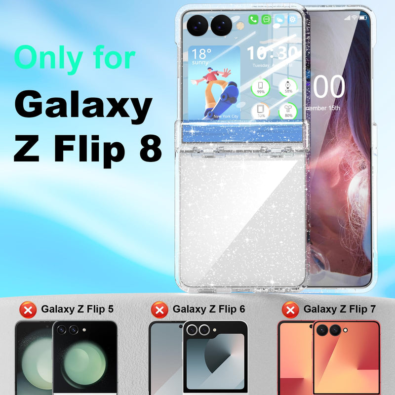 For Samsung Galaxy Z Flip 8 Case Clear Sparkle with Hinge Protection | Built-in Glass Screen Protector for Flip 8 Protective Phone Case Cover Clear Glitter