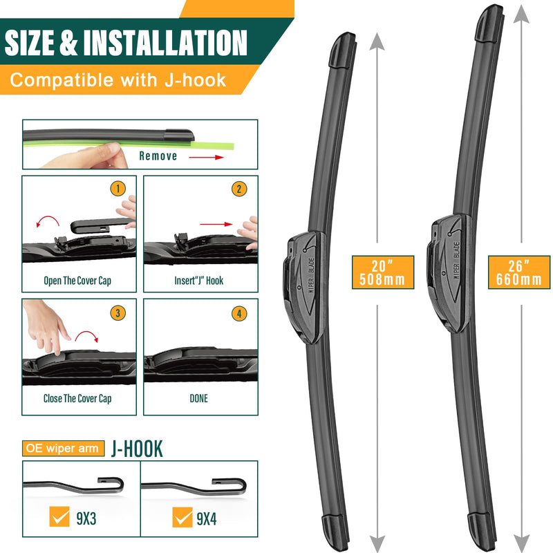 Windshield Wiper Blades Replacement for Hyundai Palisade 2020 2021 2022 2023 2024 2025,Original Equipment Replacement Front Rear Wiper Blade Set - 26" 20" 12" (Set of 3) 26"/20"/12" Hook