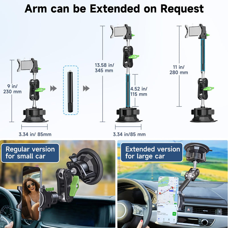 HEMMOTOP Suction Cup Car Phone Holder, 12in, Metal | Vibration Resistance, Heavy Duty, 360° Rotation, Strong Suction for Windshield, for iPhone All Smartphone & Cars Truck Clamp
