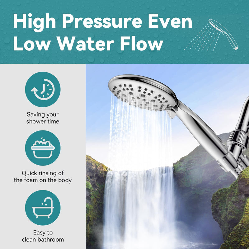 High Pressure Shower Head with Handheld, JDO 6 Spray Settings Handheld Showerhead, 4.3" High Flow Rain Showerhead Set with 59" Stainless Steel Hose and Adjustable Bracket for Bathroom, Gym, Hotel Chrome