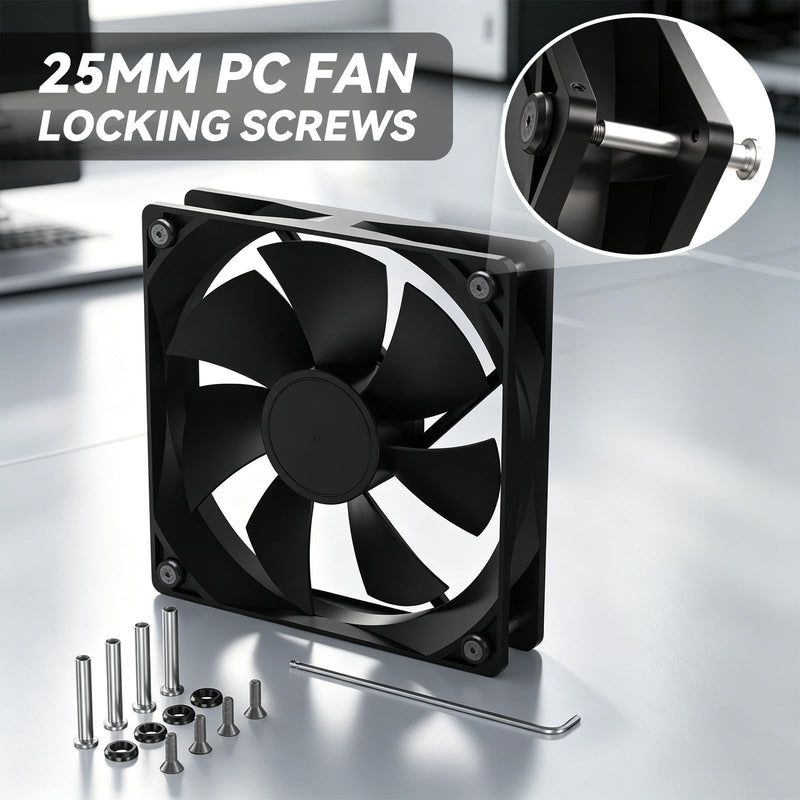 PC Fan Screws for 25mm Fans, 20PCS Fan-Safe Lock Screw Kit | Stainless Steel M3 Screw & Lock Standoff with Aluminum Washer, Zero-Damage Case Fan Screws for 25mm PC Cooling Fans Mounting
