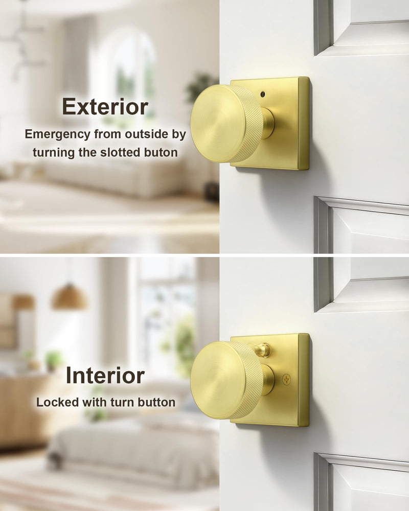 Probrico Privacy Door Knobs,Brushed Gold Interior Door Knobs with Square Rosette,Gold Keyless Bed and Bathroom Round Antique Door Knob with Lock 1Pack 1