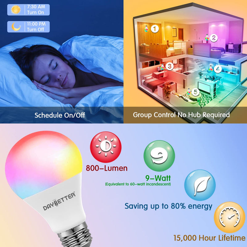 DAYBETTER Smart Light Bulbs, Alexa Light Bulb, WiFi Light Bulbs, RGBCW Color Changing Light Bulb A19 9W 800LM, Smart Bulbs that Work with Alexa & Google Assistant, 2.4Ghz only, No Hub Required,10 Pack 10