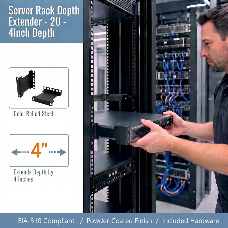 2U Server Rack Depth Extender Kit, 4" Deep Recessed Rack Mount Adapter, TAA Compliant Network Rack Extender for Standard 19" Racks (2u 4inch) 2u 4inch