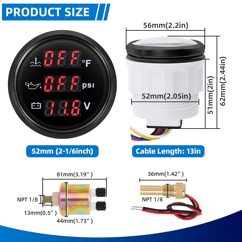 Triple Gauge Set - Water Temp (104°F-248°F), Oil Pressure (0-145PSI), Voltmeter (9-32V), AUTO Gauge with Sensors 2" 52mm 3-in-1 Boat Marine Meter Kit (Black) Black