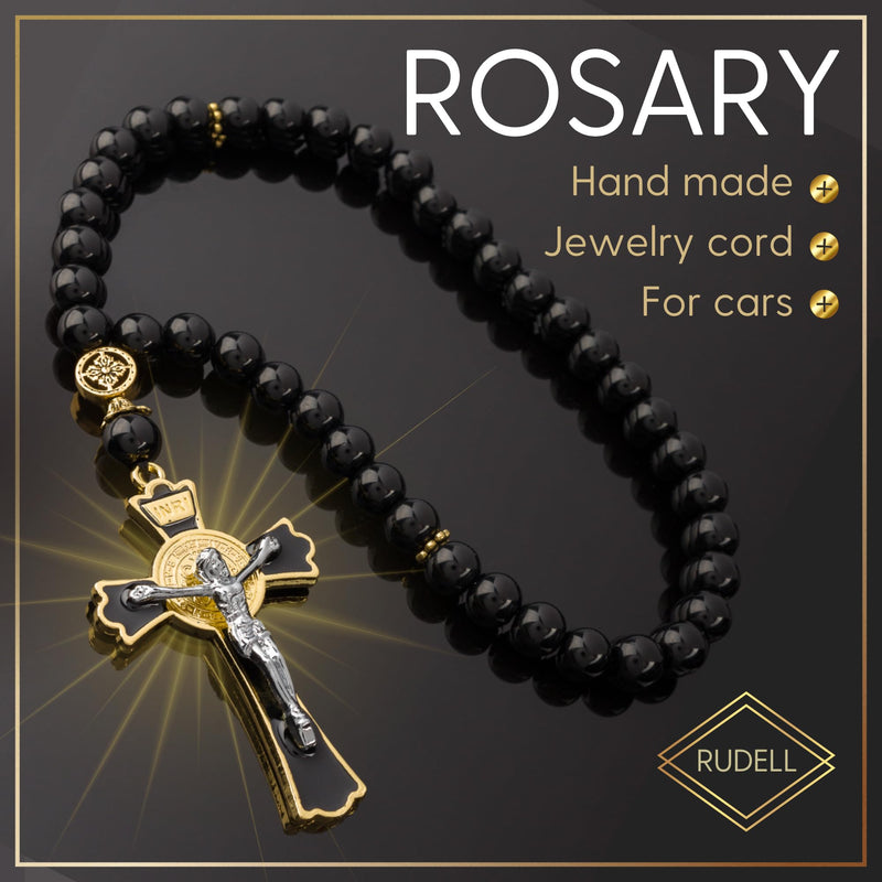 Car Rosary for Rearview Vehicle Mirror, Rosary Beads Catholic for Women, Black Rosary for Men, Cross for Car Mirror Hanging, Medal Cross Saint Benedict Rosary for Car & Truck - Christian Gift 40 Beads