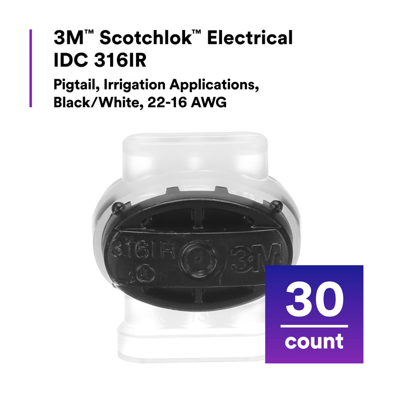 3M Scotchlok Self-Stripping Electrical IDC 316IR, Black/White Color, Pigtail, Irrigation Applications, Moisture Resistant, 22-16 AWG, Bag of 30