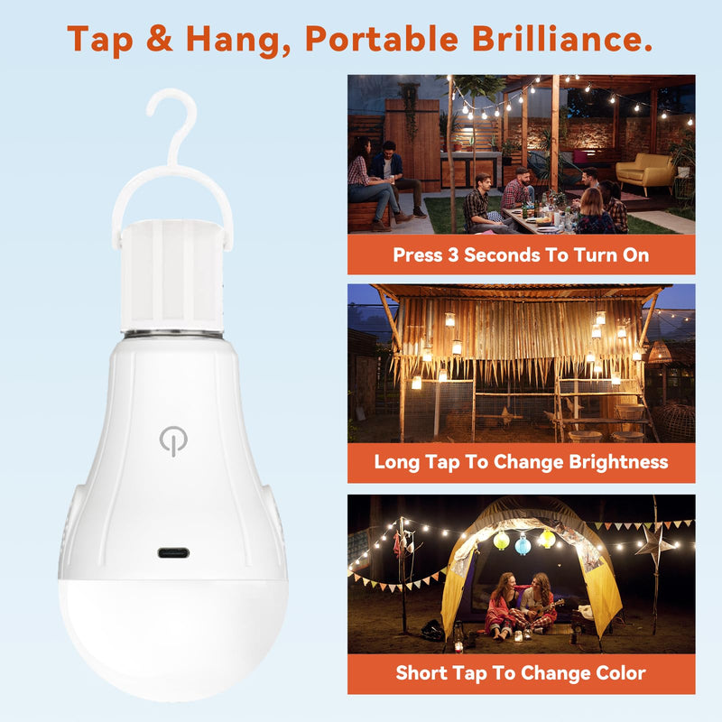 Neporal MagicGlow Rechargeable Light Bulbs with Remote, 3 Colors Shift + Stepless Dimmable Battery Powered LED Bulbs, USB Rechargeable, A19 Emergency LED Light Bulbs, 15W, Up to 24 Hours White 4
