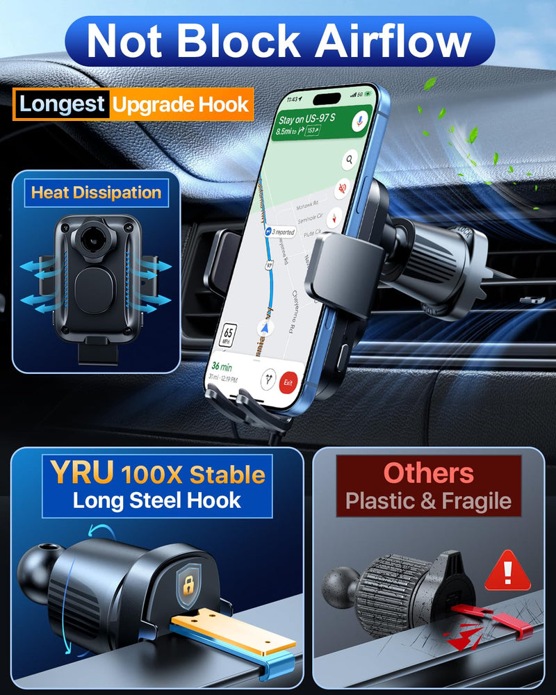 YRU [True Military-Grade Wireless Car Charger Mount, 15W Charging Auto Clamping Car Phone Holder [98+LBS Strong] Dashboard Windshield Vent Cellphone Holder for iPhone 17 16 15 Pro Max, Space Black