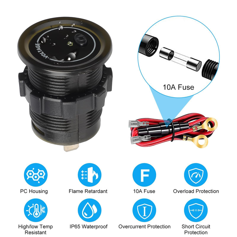 Linkstyle Battery Voltage Meter, Waterproof Voltmeter Gauge 12V, DC Volt Meter 12 Volt, LED Digital Voltmeter, Round Battery Monitor with Low Voltage Alarm black
