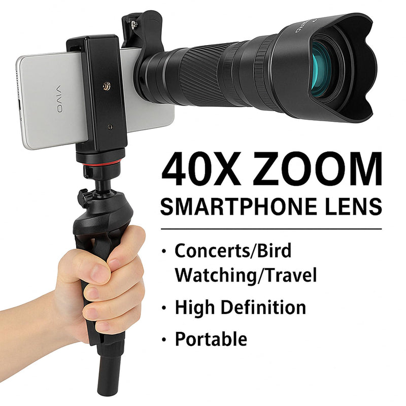 40X Telephoto Lens with Tripod for iPhone Android Phones, 2-in-1 Mobile Phone Camera Lens Kit with Universal Clip, HD Magnifier for Smartphone Photography - Compatible with All Smartphones