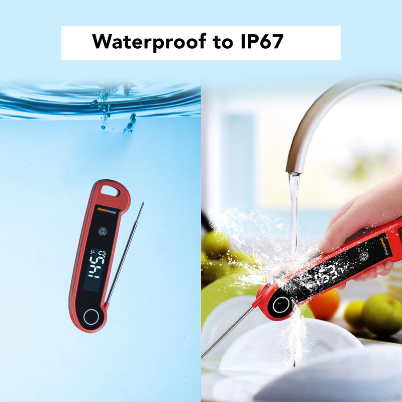 ChefsTemp Digital Instant Read Meat Thermometer with Ambidextrous Backlit for Grilling, Food, BBQ, Kitchen Cooking, Oil Deep Frying & Candy (Red) Red
