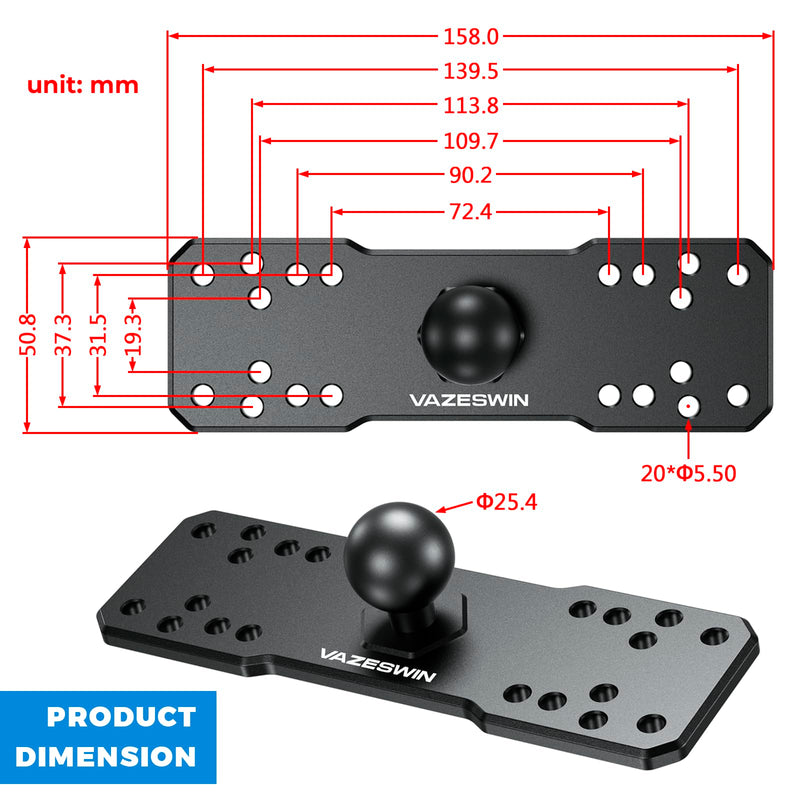 VAZESWIN 1" Ball Aluminum Alloy Fish Finder Mount, AMPS Rectangular Plate | for RAM Mounts B Size 1" Ball Double Socket Arm, Universal Marine Electronic Mounting Plate for Garmin, Lowrance, Humminbird