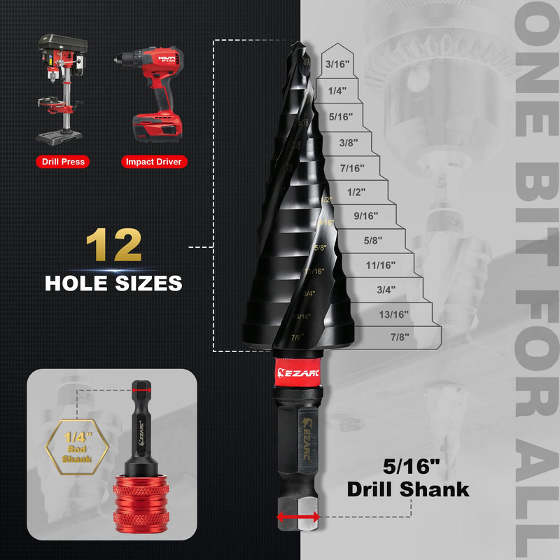 EZARC Step Drill Bit for Metal (3/16''-7/8'')，M35 Cobalt Wear-Resistant AlTiN Coated Step Drill Spiral Flute Unibit, 5/16" Thickened and 1/4" Hex Shank for Stainless Steel, Aluminum, Plastic 3/16"- 7/8"