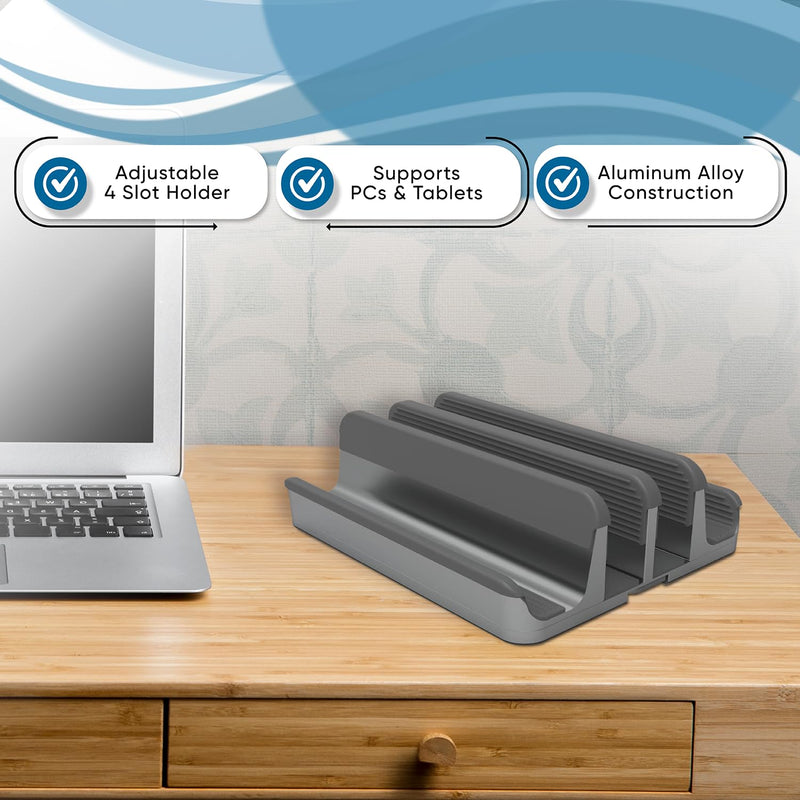 Elestoria 4 Device Vertical Laptop Stand – Adjustable Desktop Dock for MacBook, Dell, HP, Lenovo, iPad, Tablets & Phones – Multiple Slot Holder (Fits Up to 17.3") – Gray Grey