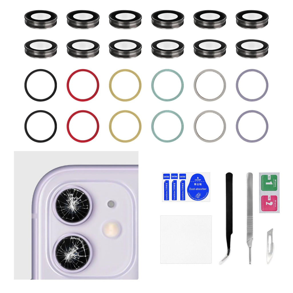 6 Set Rear Camera Lens Cover Replacement for iPhone 11 Purple Yellow Green Black White Red Color HD Tempered with Metal Frame Back Camera Lens for iPhone11 with Repair tool Kit Tweezers