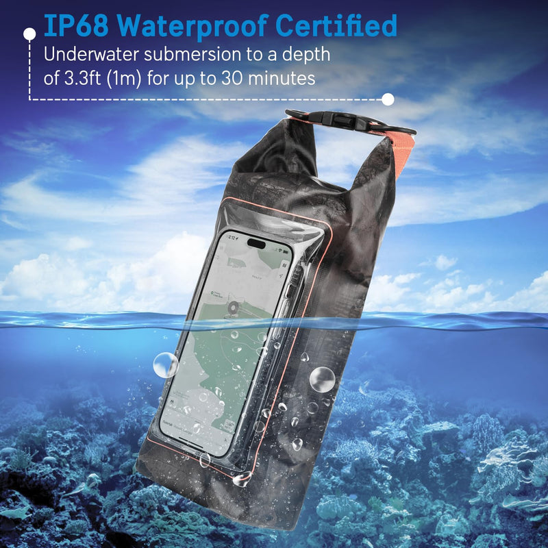 Pelican Marine IP68 Waterproof Dry Bag 2L w/Phone Pouch/Case - Hunter Camo | Roll Top Waterproof Backpack with Touchscreen Phone Pouch - Swimming, Kayaking, Camping, Rafting, Fishing & Travel Essentials Hunter Camo - 2L