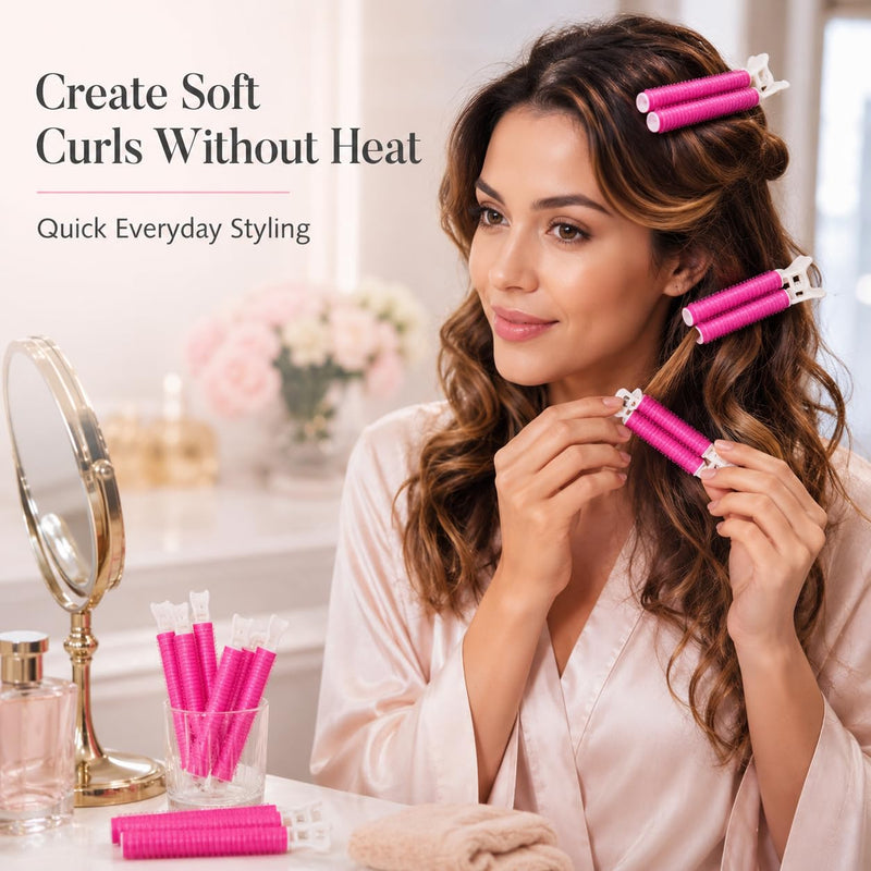 6 Piece Heatless Hair Curlers for Natural Volume and Lift, Self Grip Hair Rollers with Built in Clips, Reusable Curling Rollers for Fringe, Roots and Everyday Styling, Hot Pink
